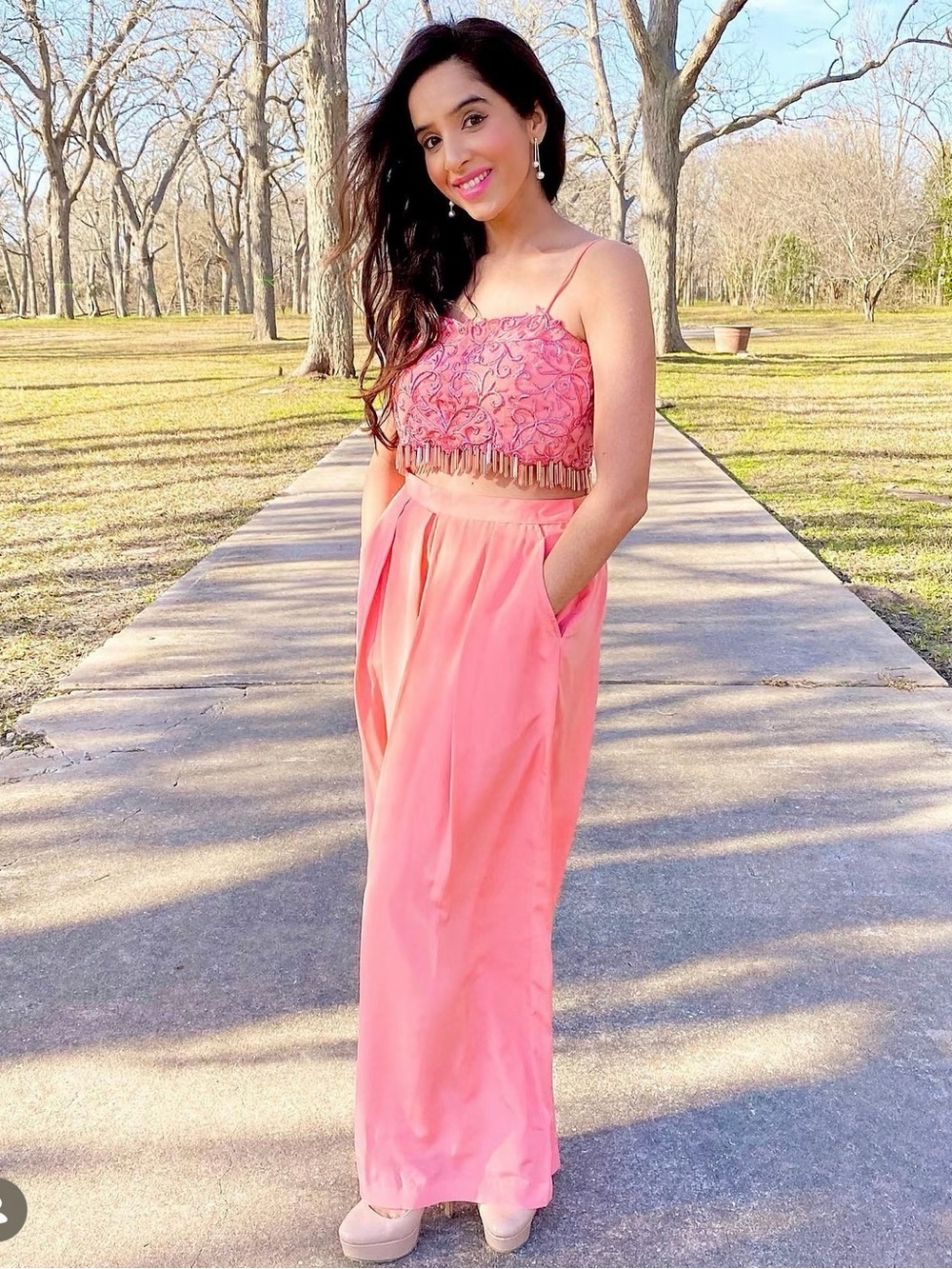 Peach/Coral Palazo pants and Embroidered Corset